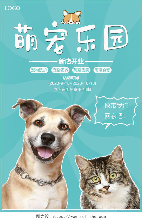 蓝色宠物简约风萌宠乐园新店开业开业活动宣传海报